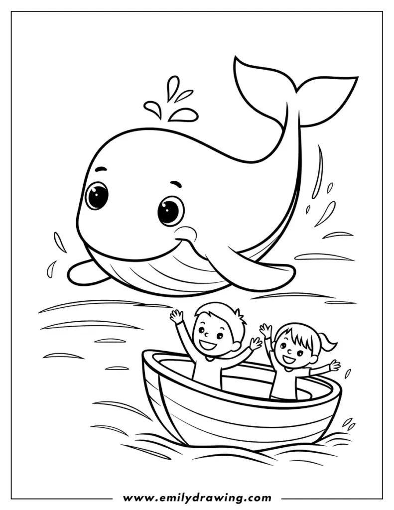 Cartoon whale splashing above children in boat