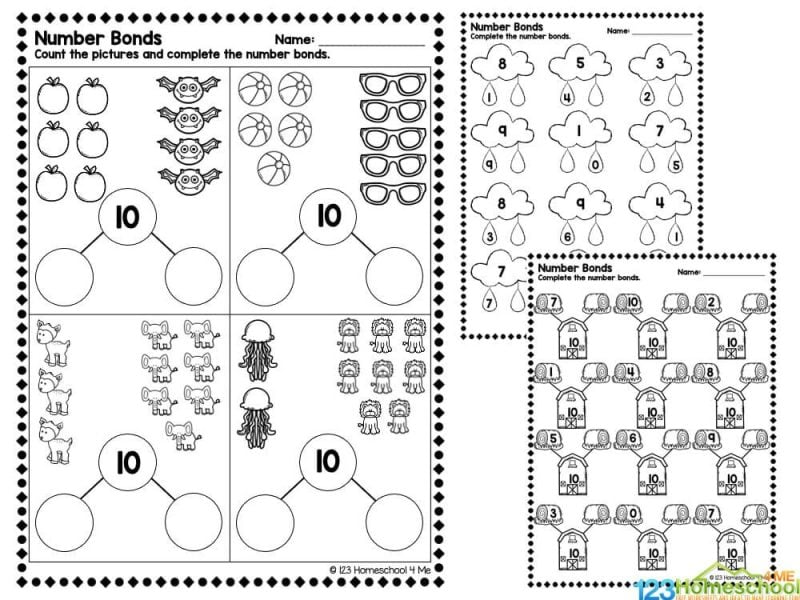Printable number bonds worksheets with pictures and dots