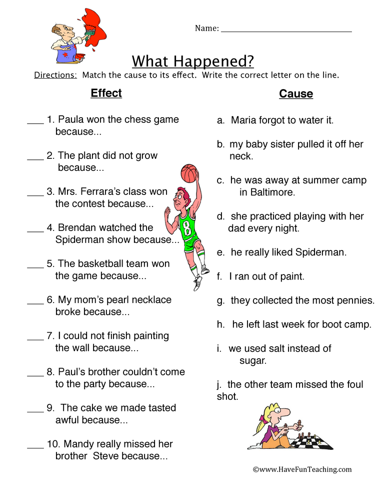 Cause-and-effect worksheet with cartoon illustrations and questions