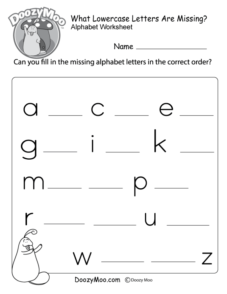 Alphabet worksheet with missing lowercase letters and Doozy Moo logo