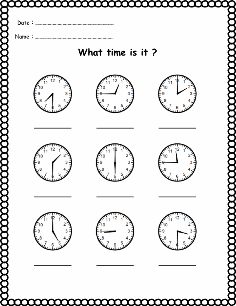 Printable worksheet with nine analog clocks and answer lines