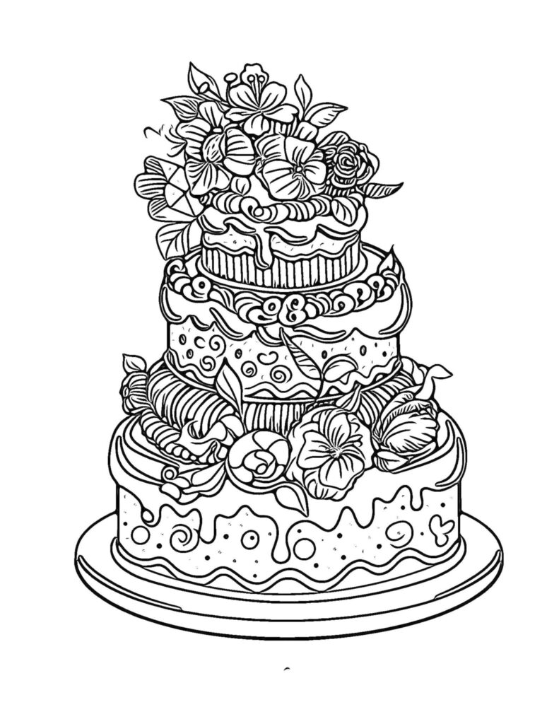 Black and white drawing of a tiered flower cake