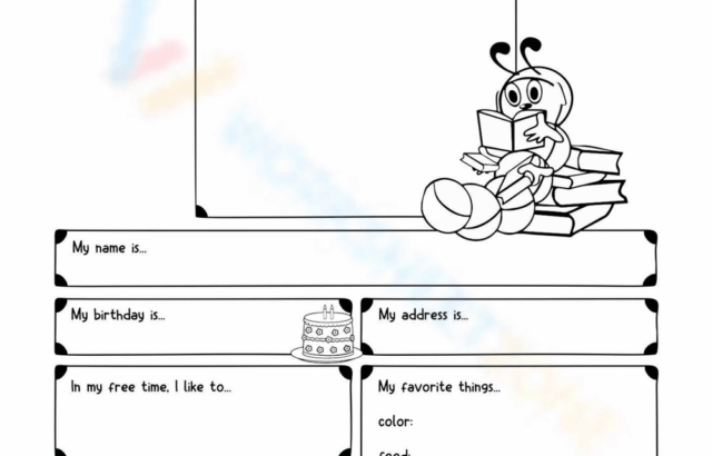 Blank “Who Am I” worksheet with fill-in boxes and cartoons