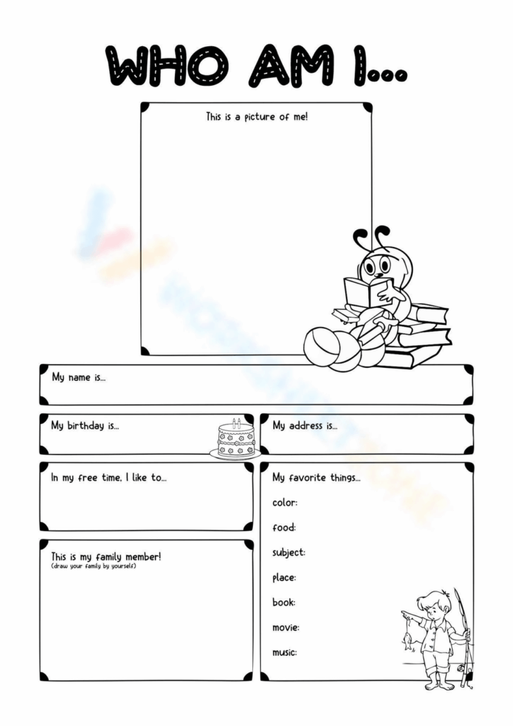 Blank “Who Am I” worksheet with fill-in boxes and cartoons