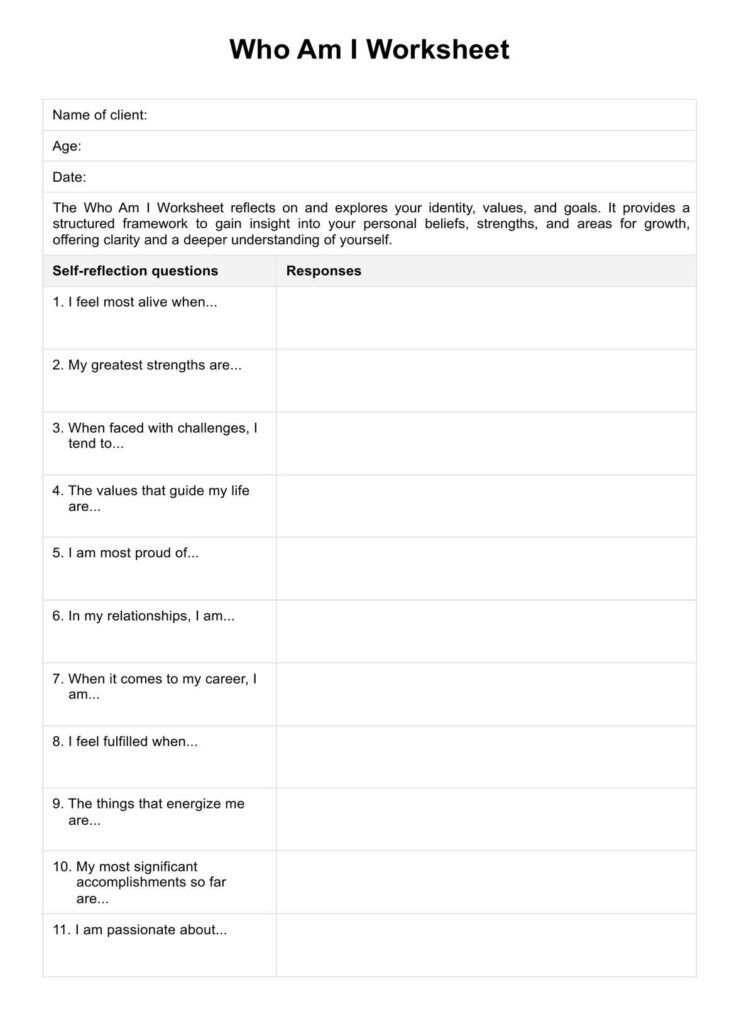 Who Am I Worksheet with self-reflection questions