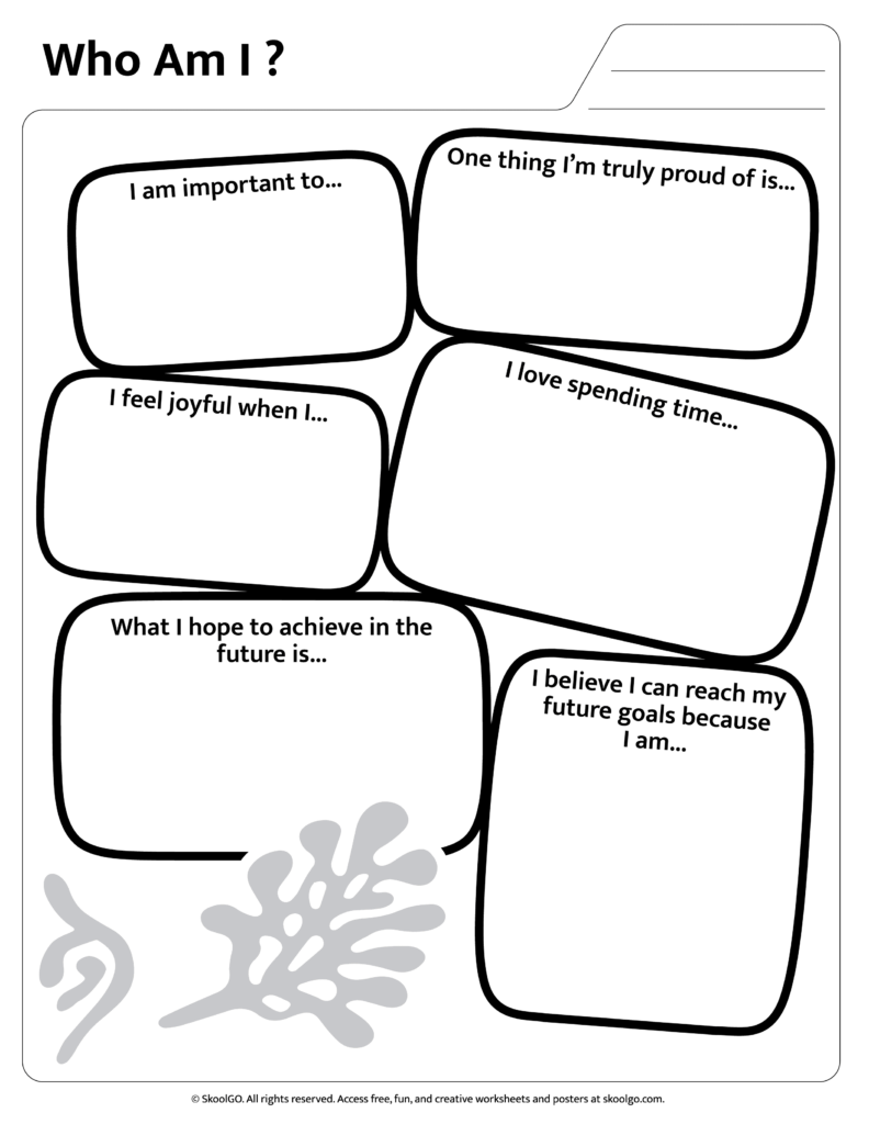 Blank “Who Am I?” worksheet with six prompt boxes