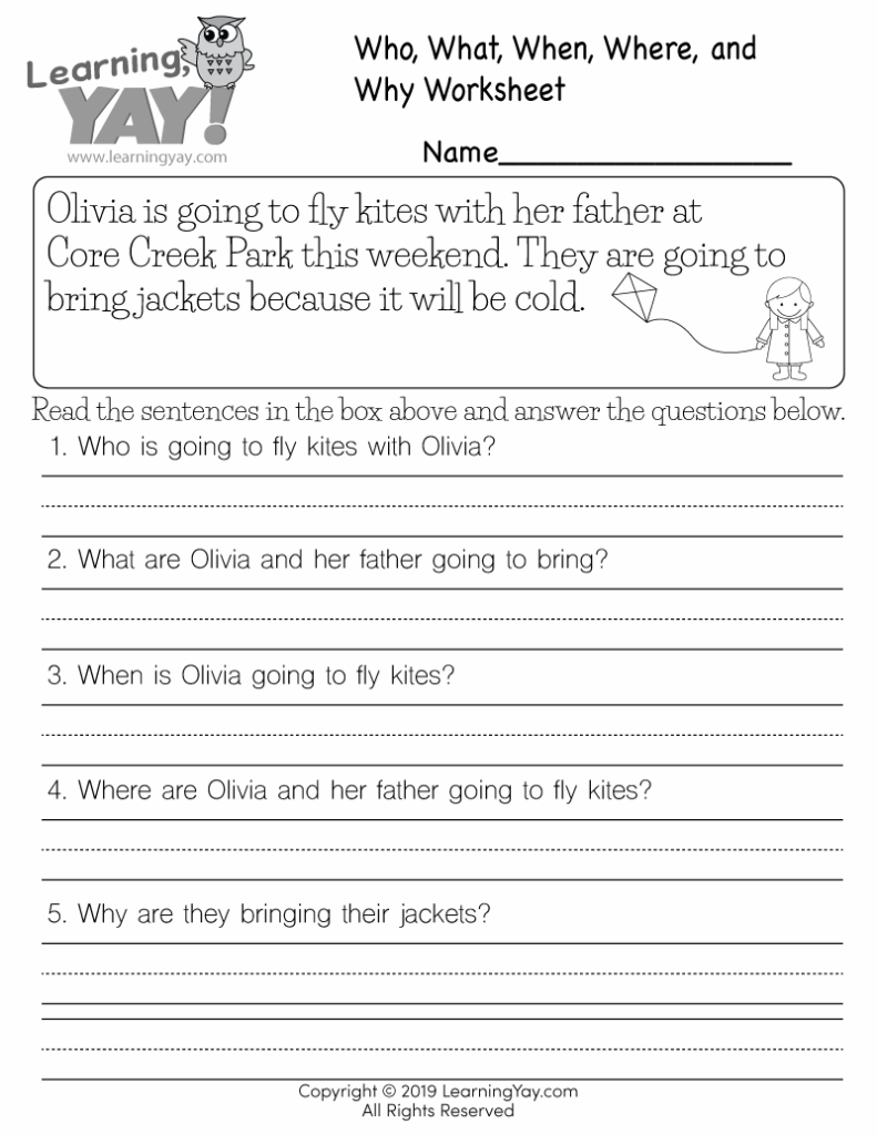 A kid’s who-what-when-where-why worksheet with kite story questions