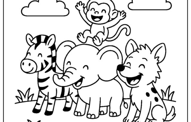 Cartoon jungle animals: zebra, elephant, monkey, lion, clouds