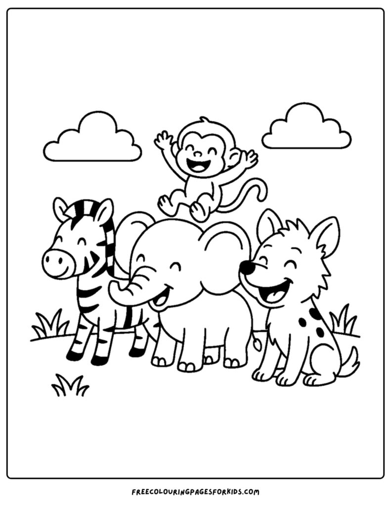 Cartoon jungle animals: zebra, elephant, monkey, lion, clouds