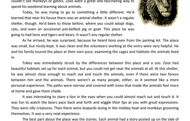 Reading comprehension worksheet titled Wild Animal Shelter with lion illustration