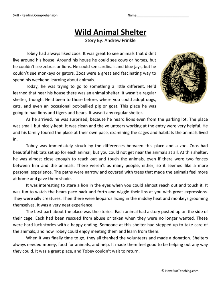 Reading comprehension worksheet titled Wild Animal Shelter with lion illustration