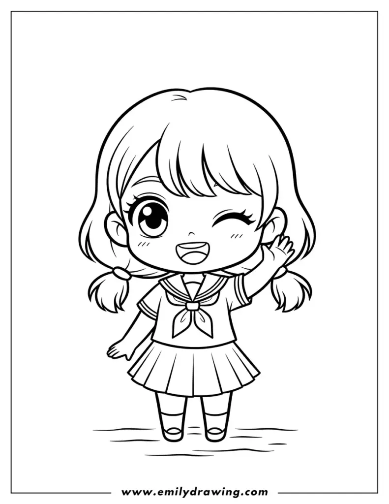 Winking cartoon schoolgirl waving, black-and-white line drawing