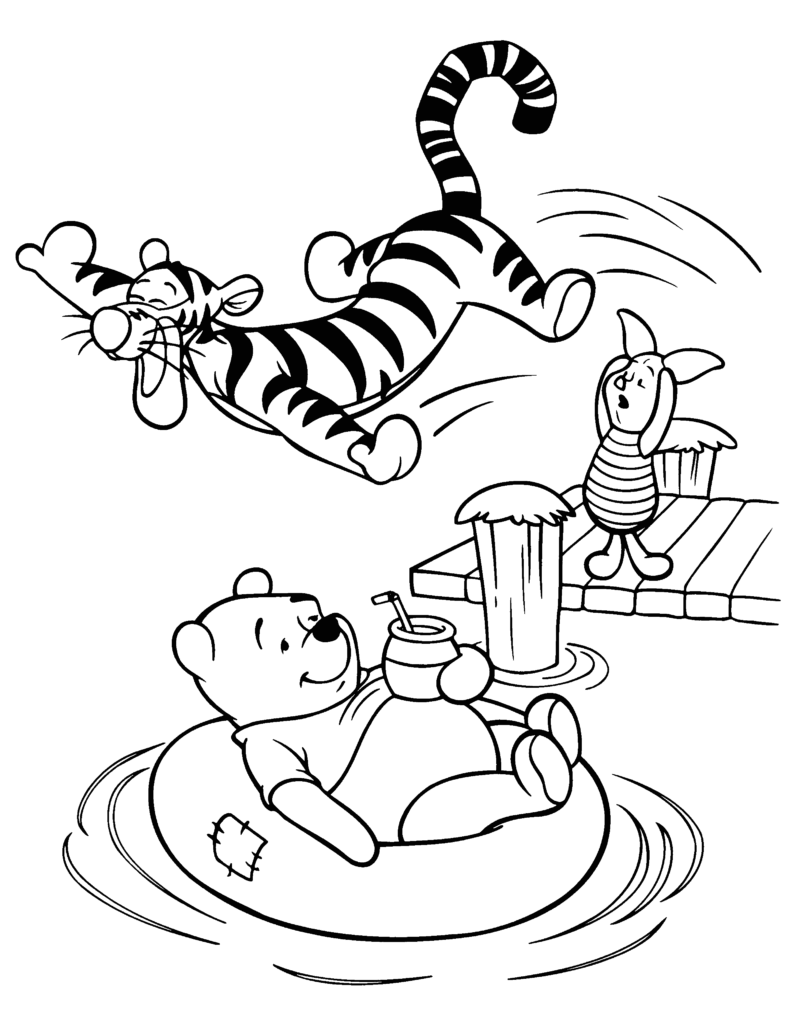 Black-and-white cartoon tiger jumping over bear on raft