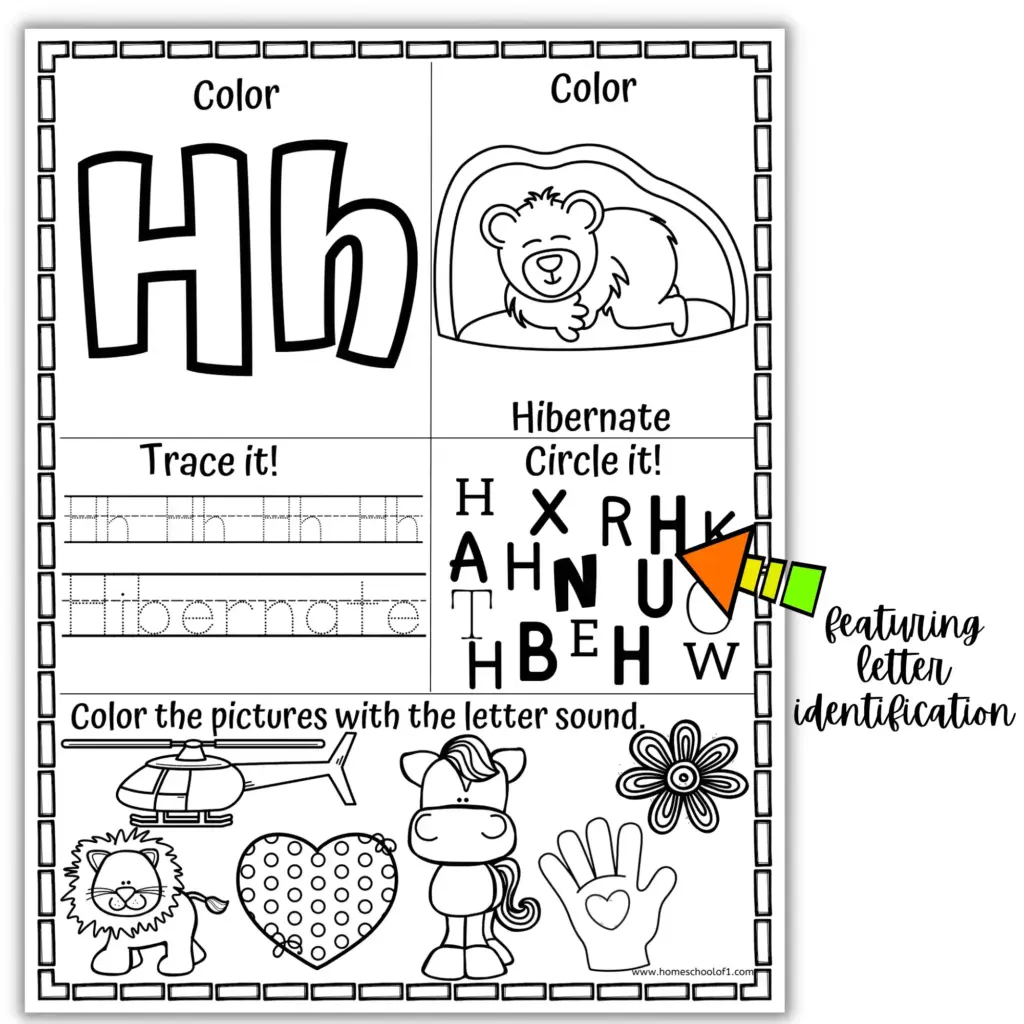 Printable Hh letter worksheet with hibernate pictures and tracing