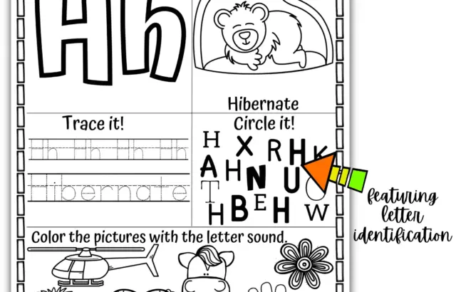 Printable Hh letter worksheet with hibernate pictures and tracing