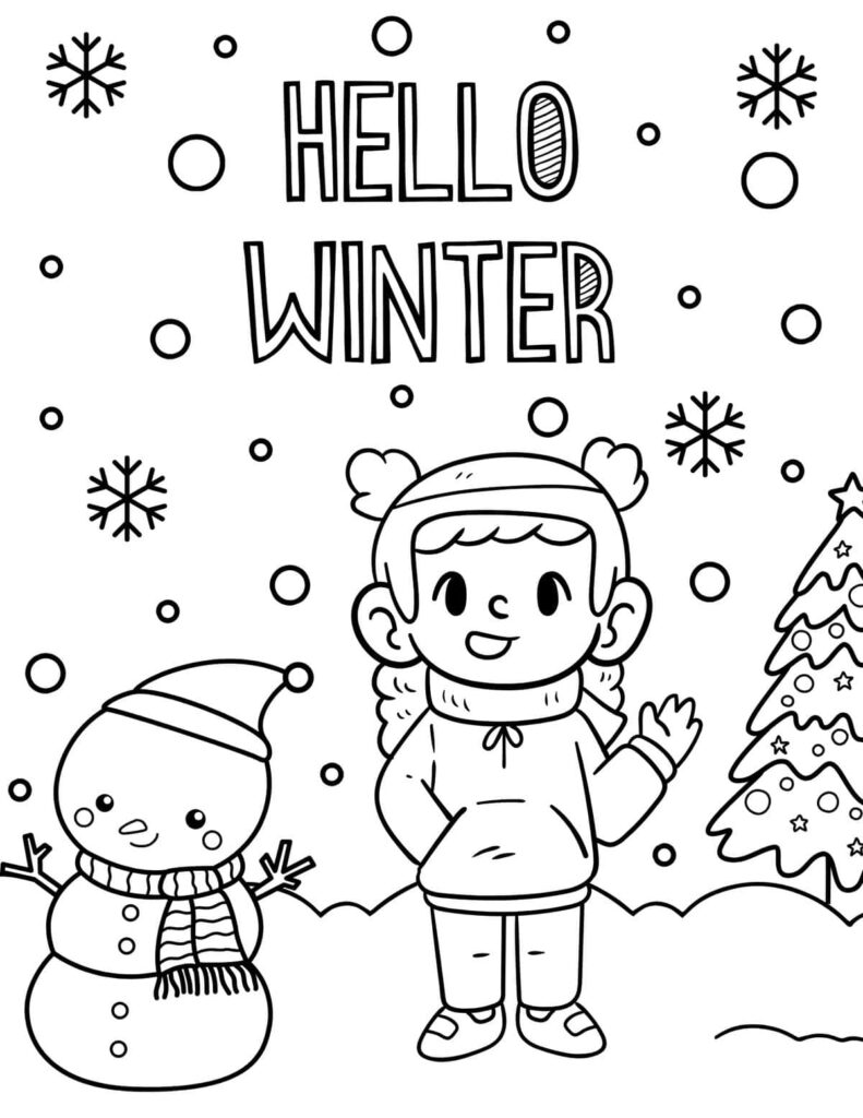 Winter coloring page with child, snowman, and tree