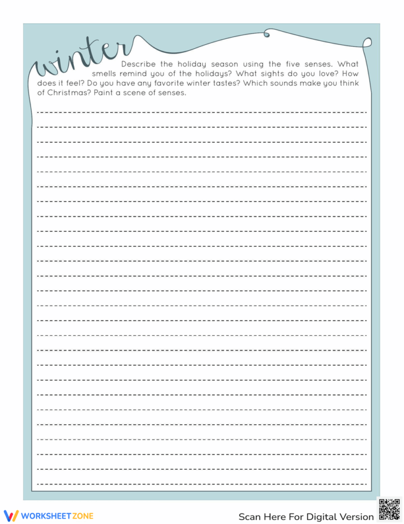 Winter holiday writing worksheet with lined paper and prompt text