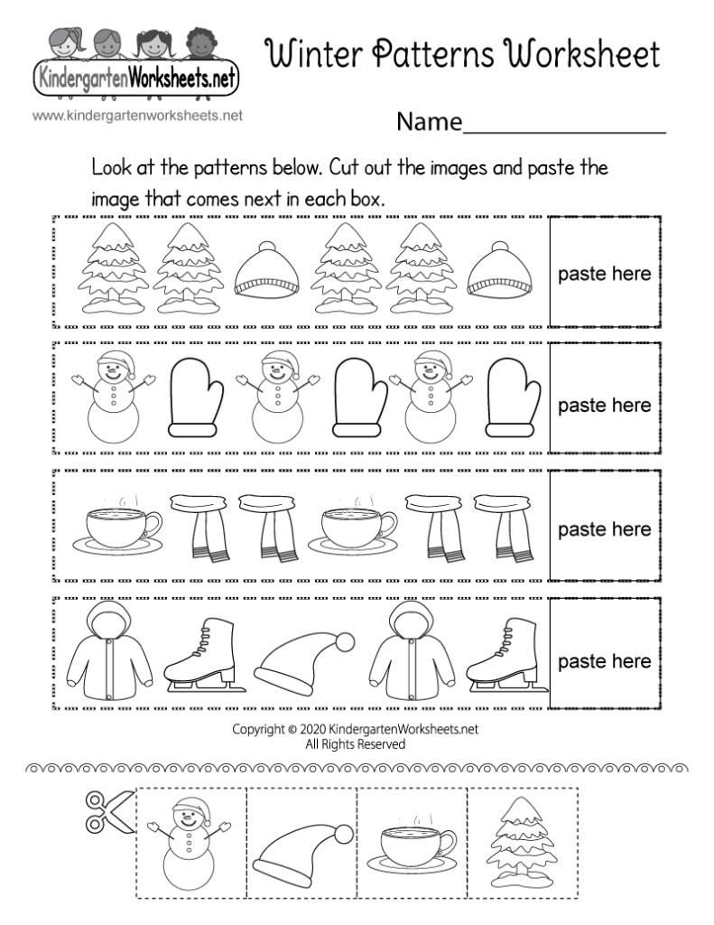 Winter patterns worksheet with cut-and-paste pictures