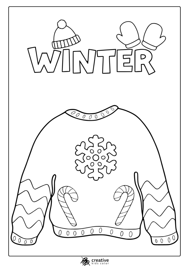 Winter sweater coloring page with hat, mittens, snowflake, candy canes