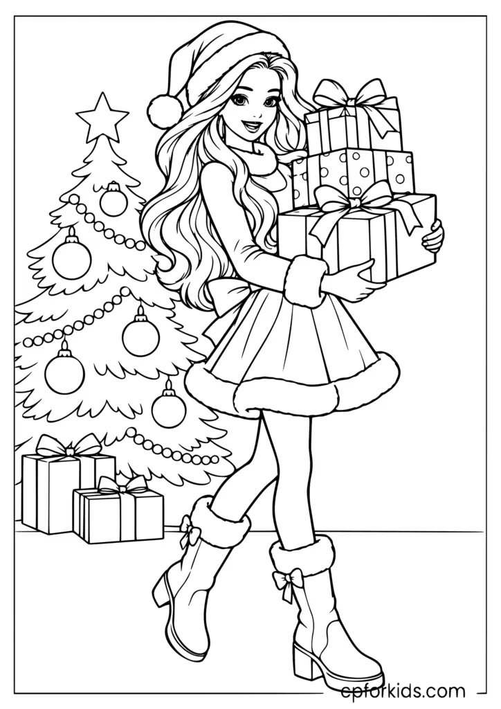 Christmas coloring page of woman holding stacked gift boxes beside tree