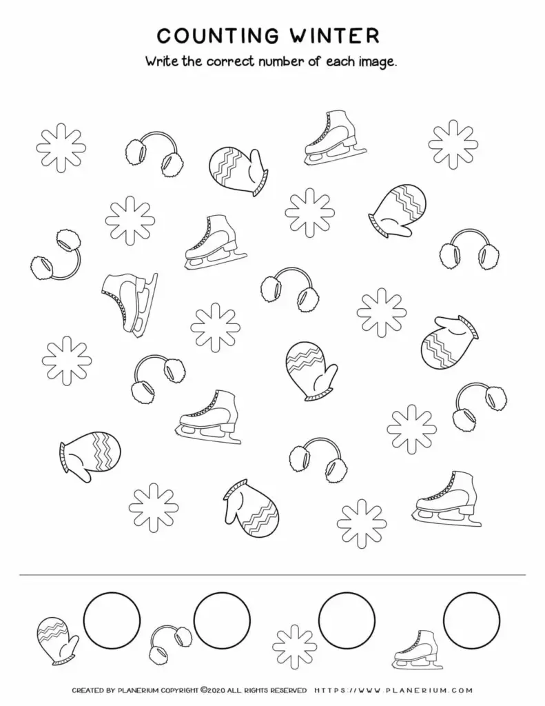 Winter counting worksheet with mittens, earmuffs, skates, snowflakes