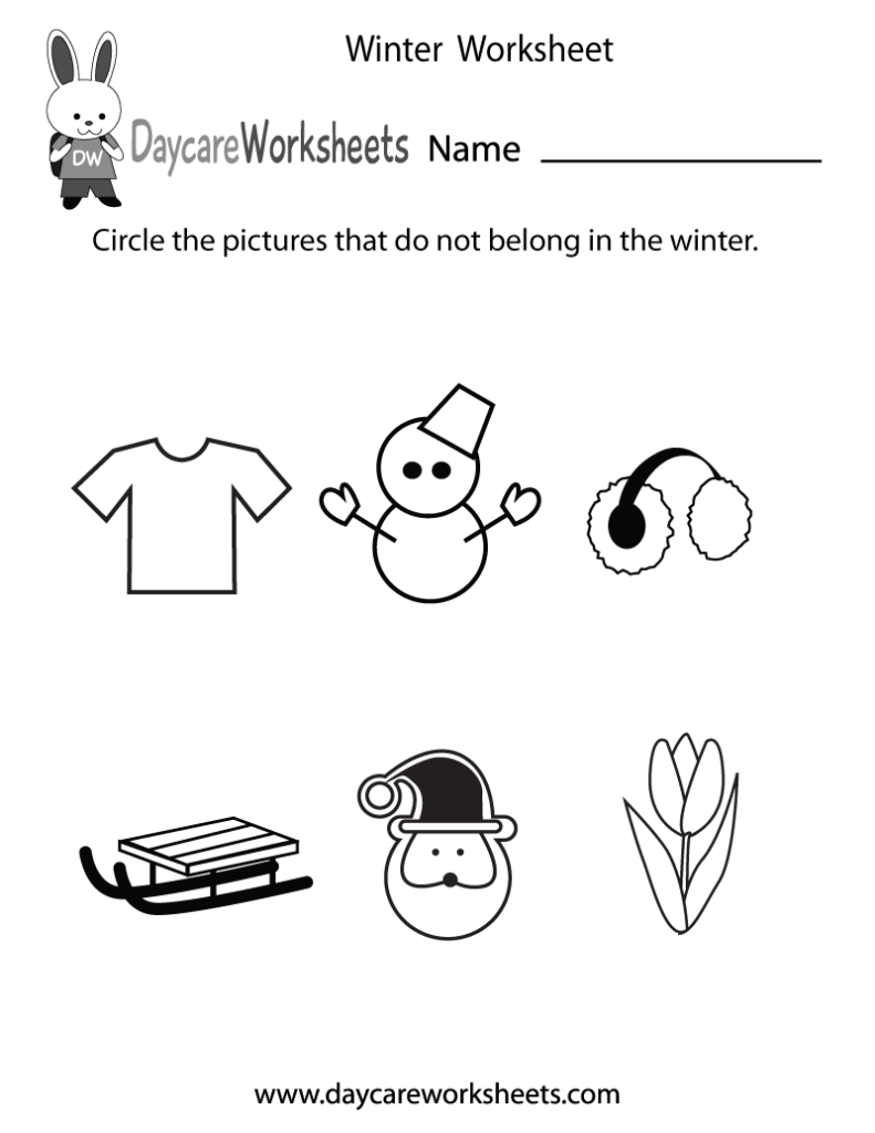Winter worksheet with clothes, snowman, earmuffs, sled, Santa, tulip