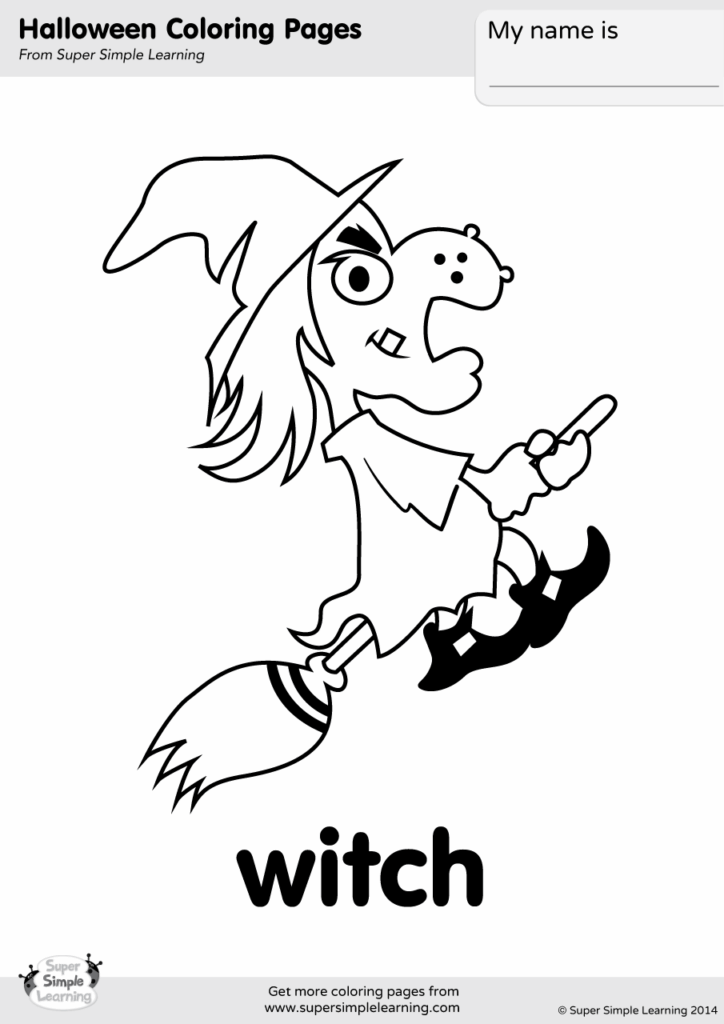Halloween coloring page of a flying witch on a broom