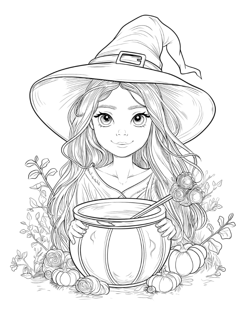 Young girl in witch hat holding cauldron