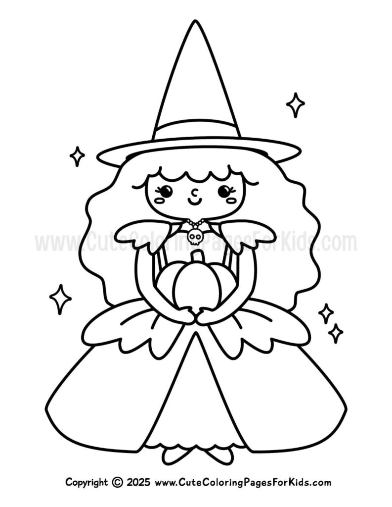 Cute witch holding a pumpkin, black-and-white drawing