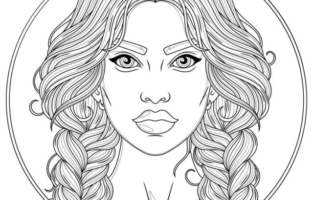 Line drawing of a woman's face with braided hair in a circle