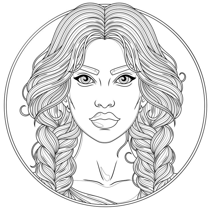 Line drawing of a woman's face with braided hair in a circle
