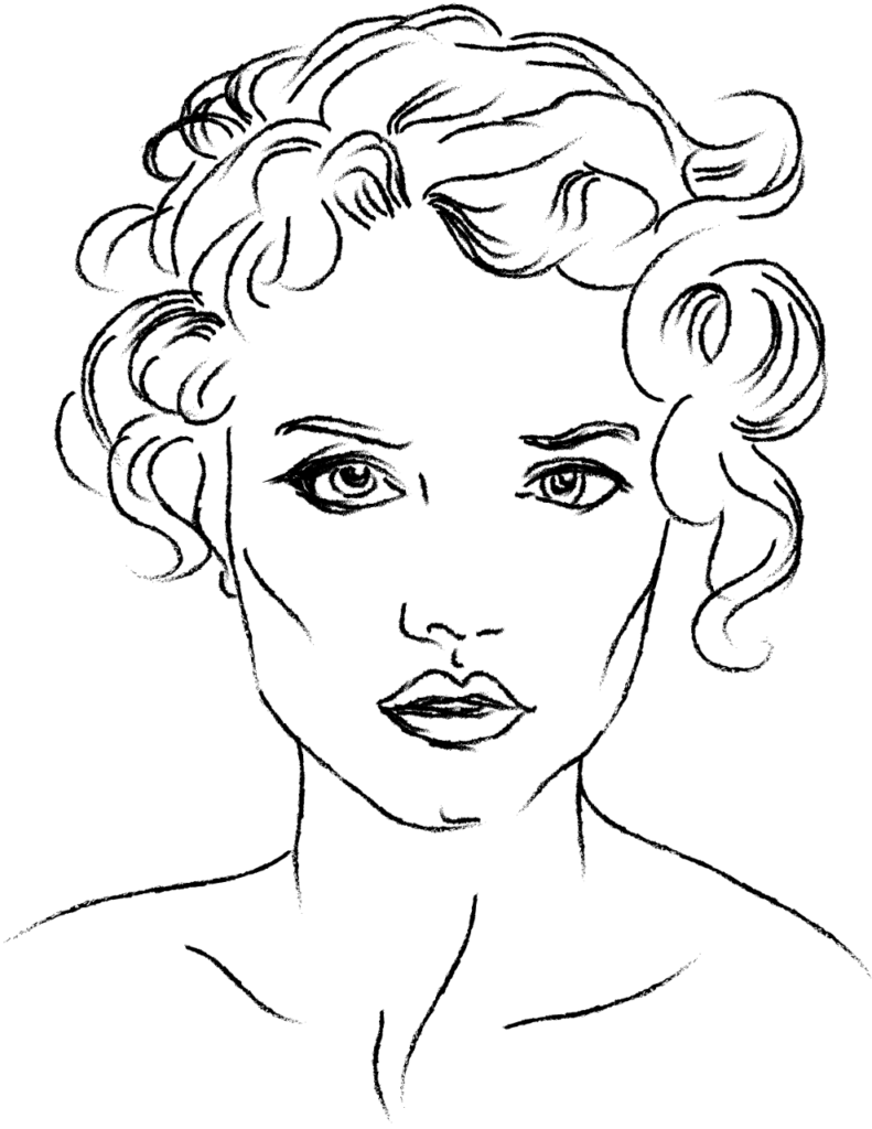 Black-and-white sketch of a woman's face