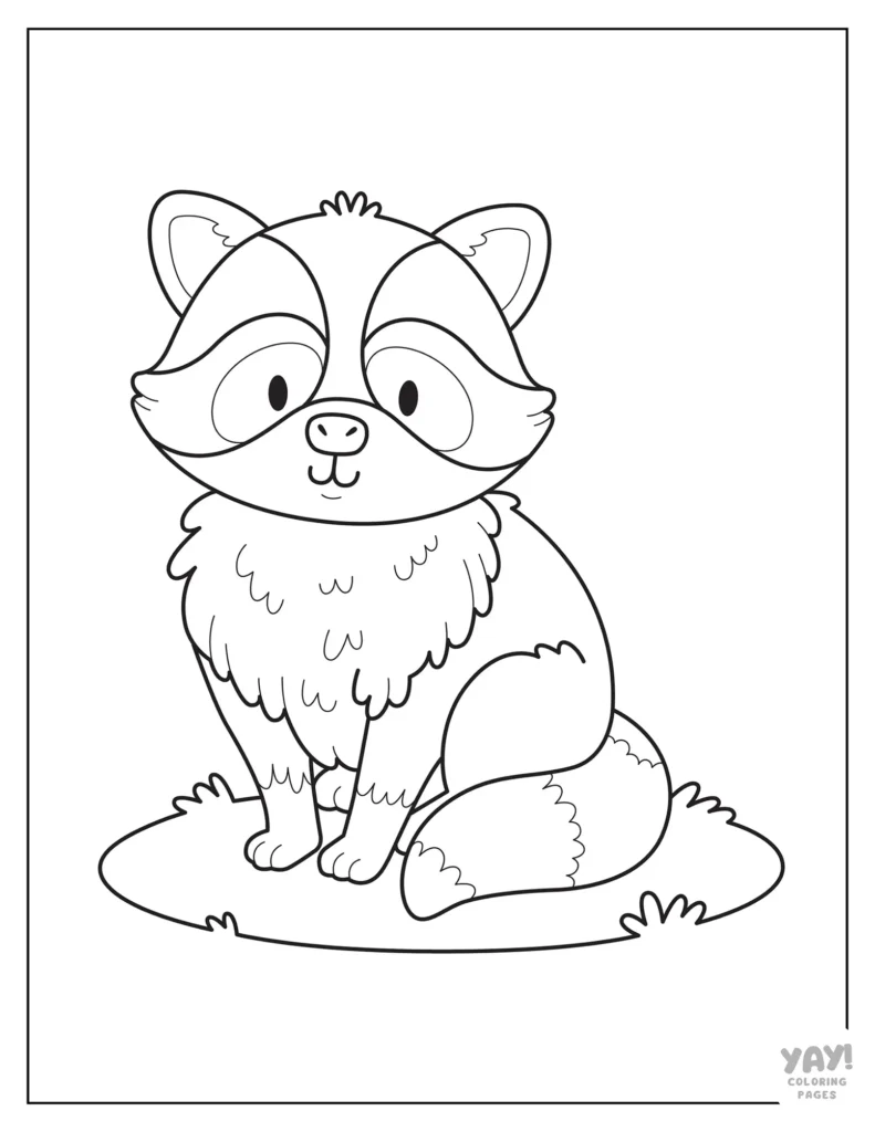 Cartoon raccoon sitting on grass, black-and-white outline