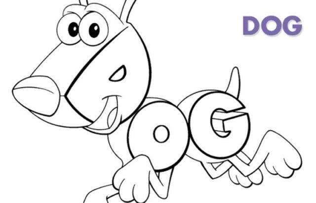 Cartoon dog spelling DOG on white background