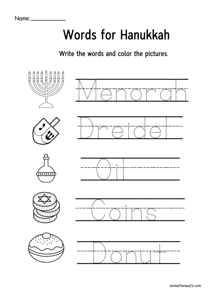 Hanukkah worksheet with tracing words and symbols
