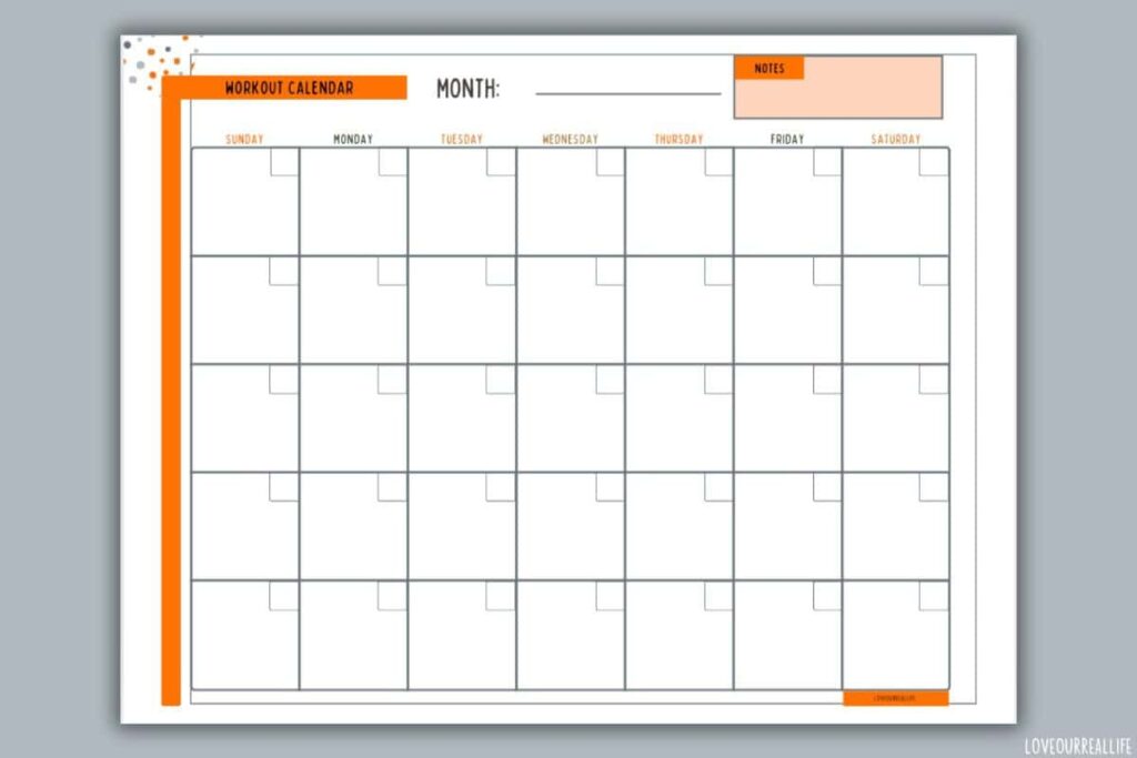 Blank workout calendar template with notes box and grid calendar