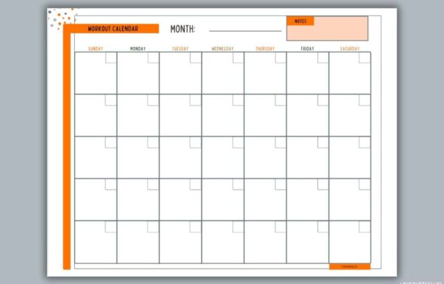 Blank workout calendar template with notes box and grid calendar
