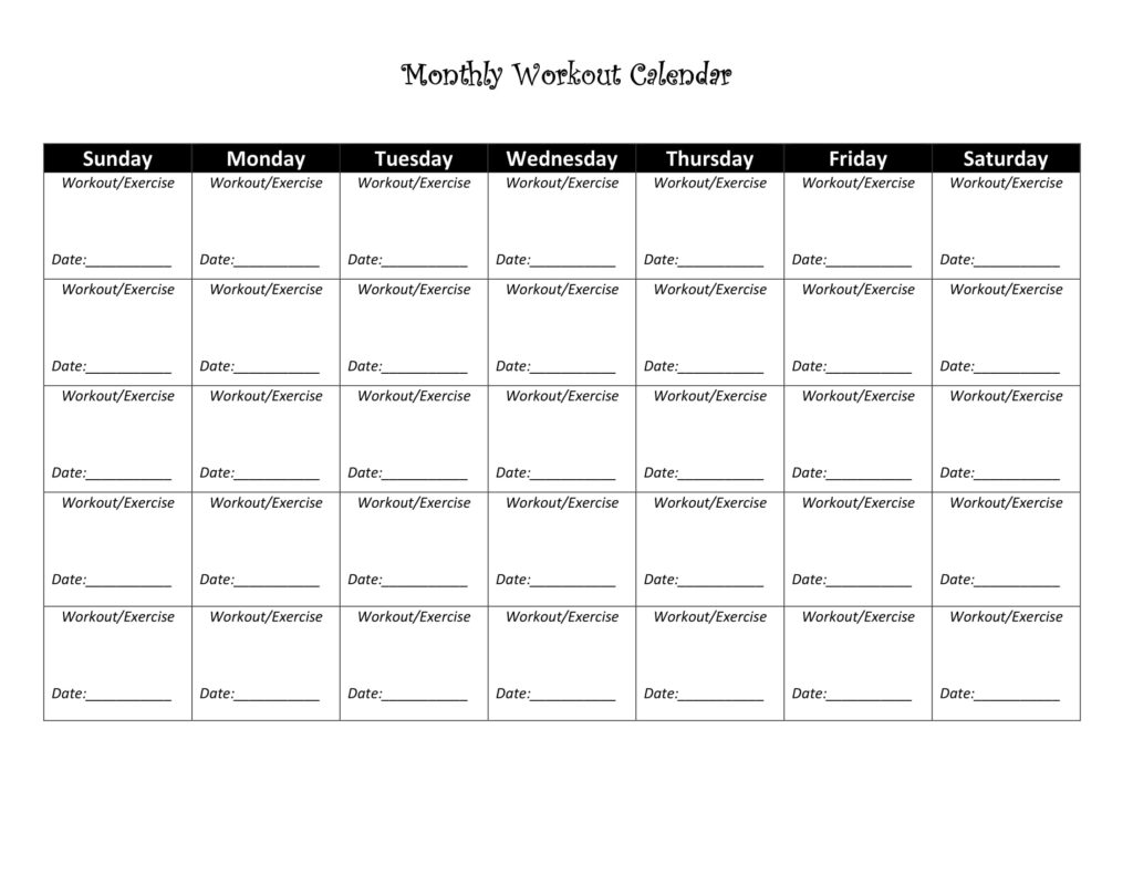Monthly workout calendar with blank weekly grid entries