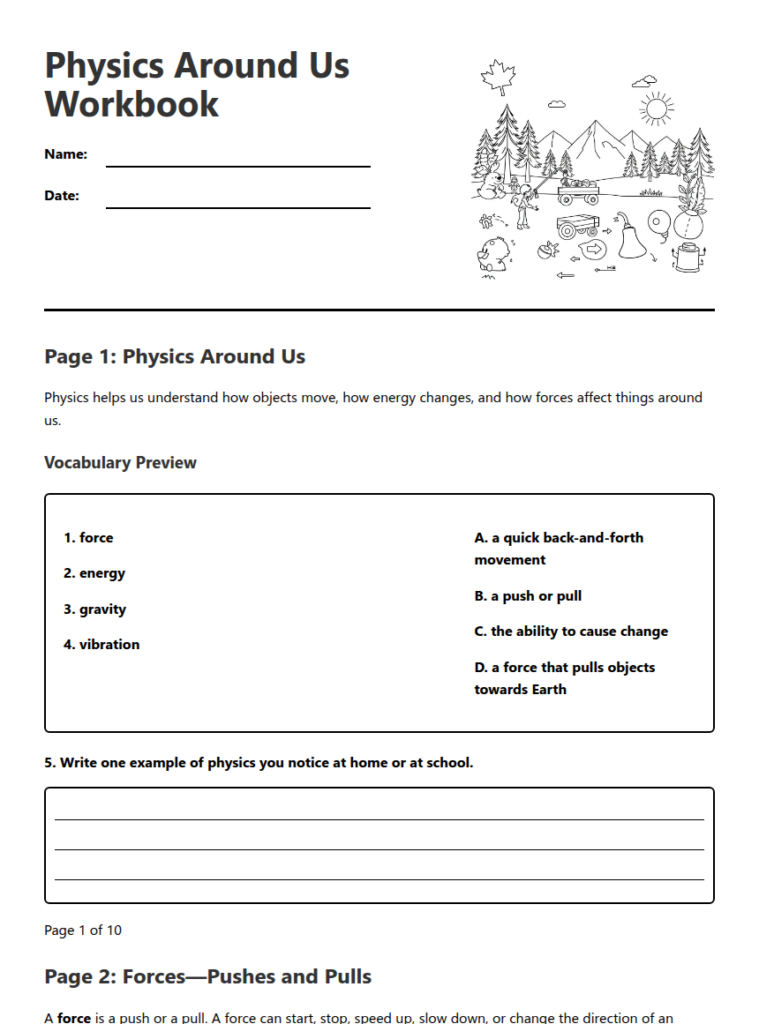 Physics workbook page with title, lines, and diagrams
