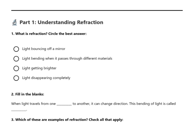 Light refraction investigation worksheet with questions and blanks