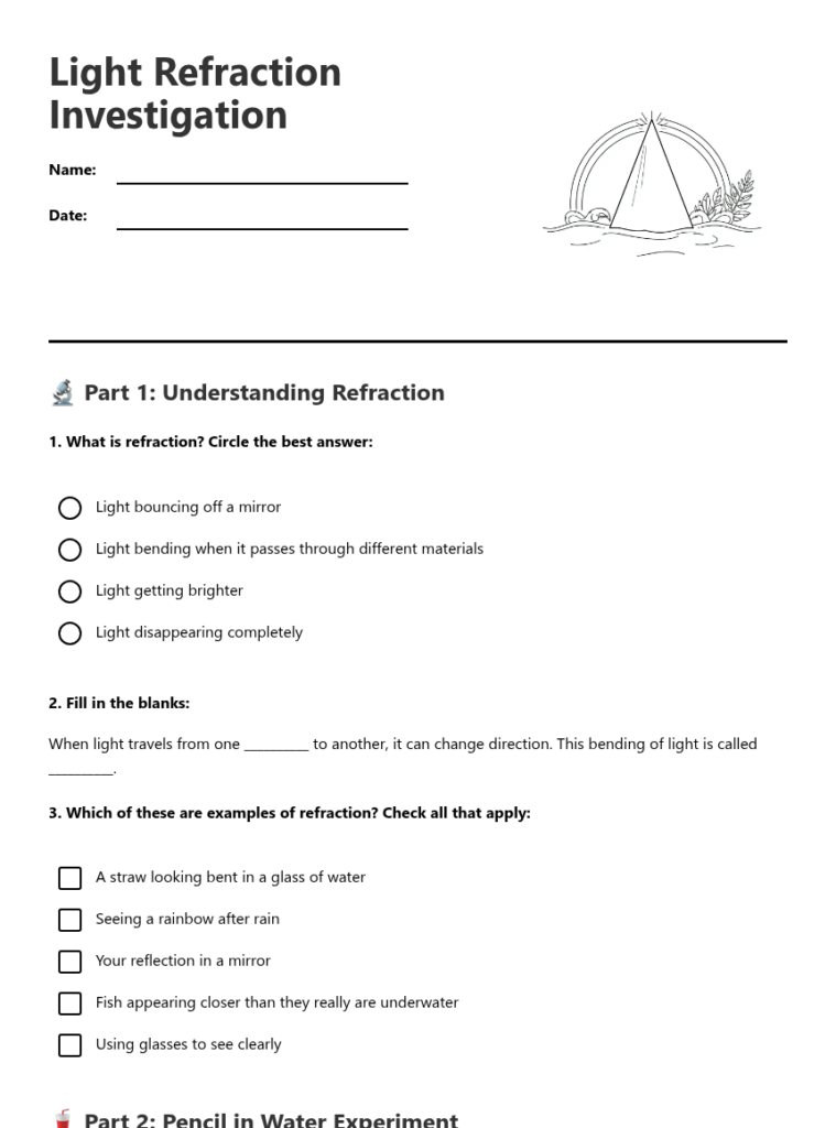 Light refraction investigation worksheet with questions and blanks