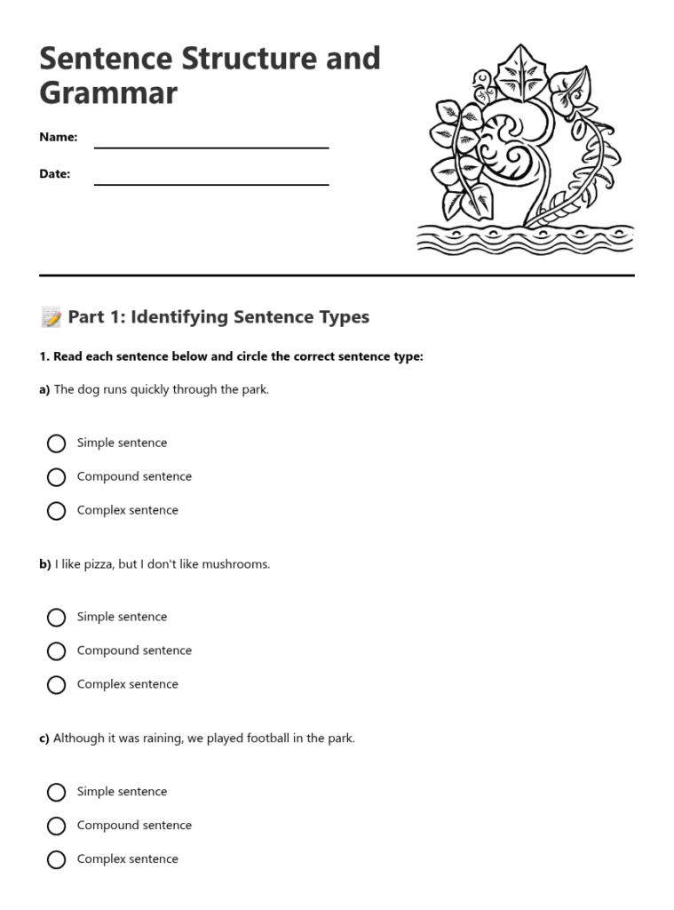 Sentence structure and grammar worksheet with questions and blanks