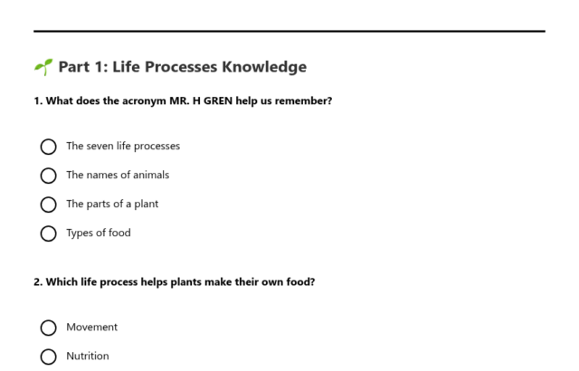 Life processes identification worksheet with questions and circles