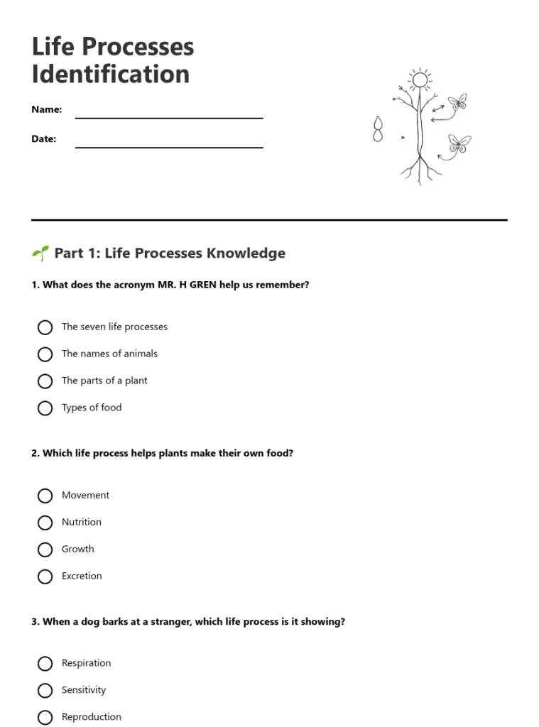 Life processes identification worksheet with questions and circles