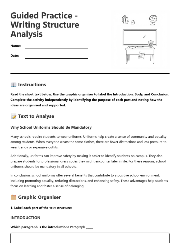 Worksheet titled Guided Practice Writing Structure Analysis