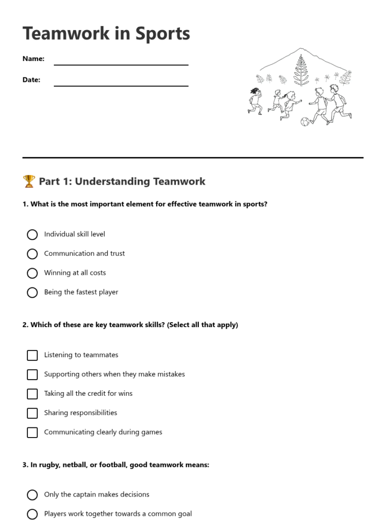 Teamwork in Sports worksheet with questions and checkboxes