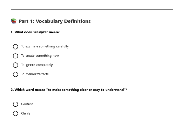 Vocabulary terms worksheet with multiple-choice questions