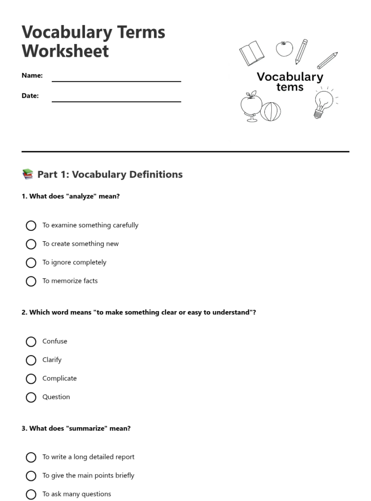 Vocabulary terms worksheet with multiple-choice questions