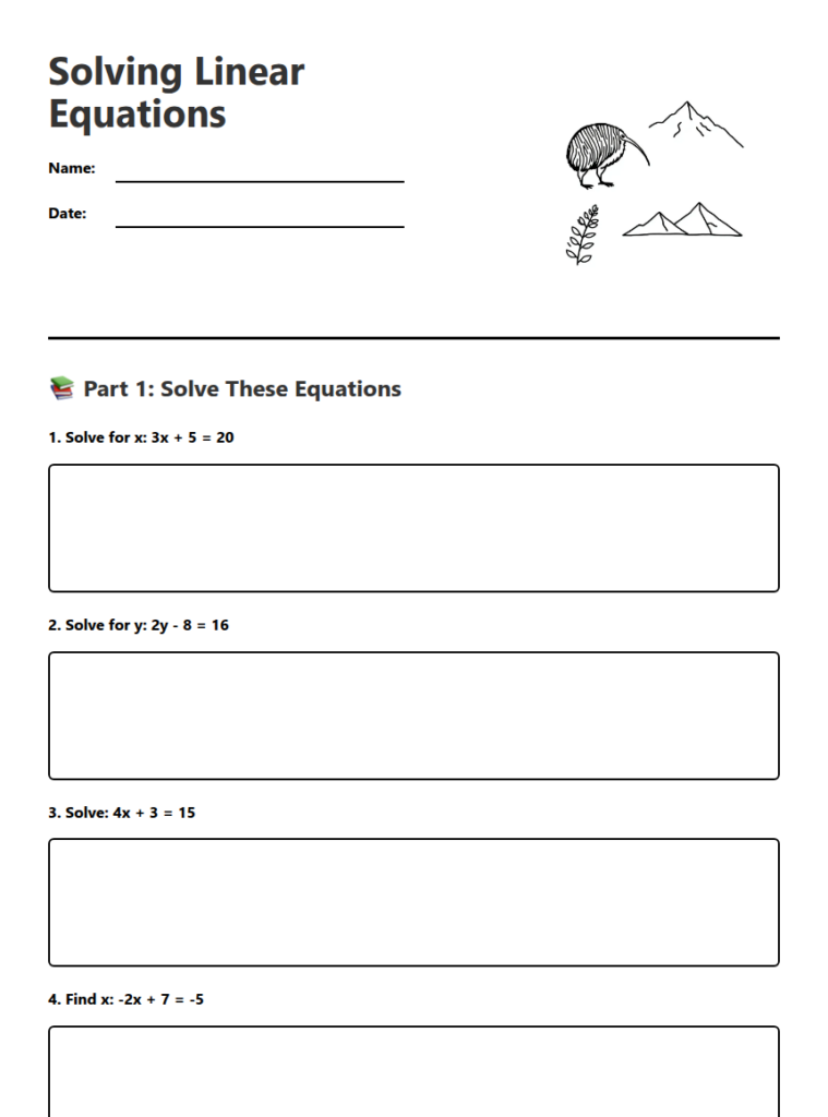 Solving Linear Equations worksheet with four problems
