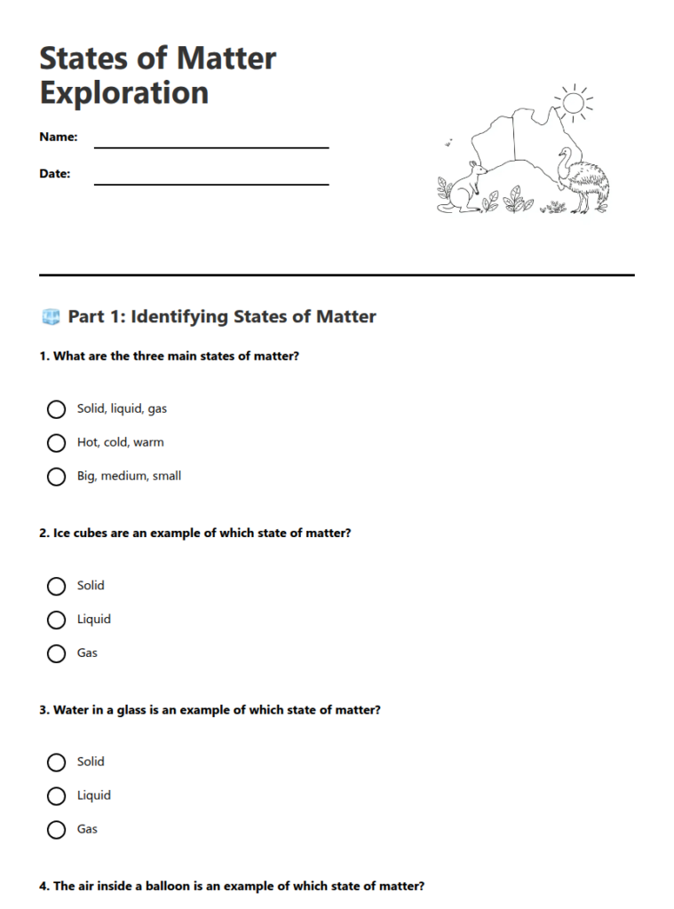 States of Matter Exploration worksheet with multiple-choice questions